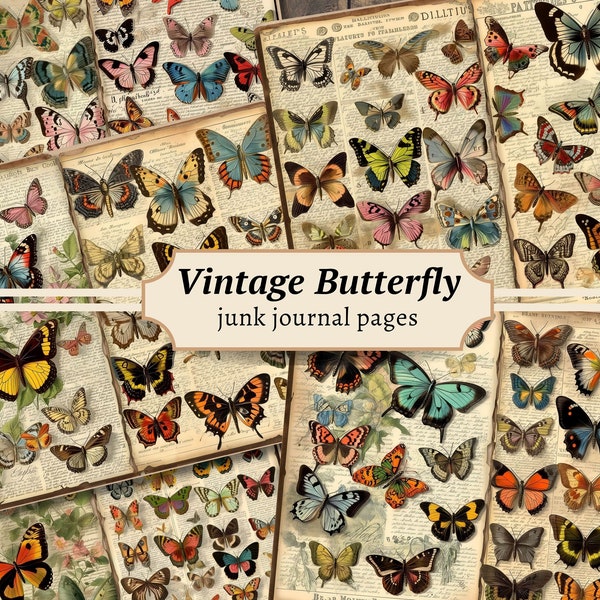 Vintage Butterfly Junk Journal Pages, Digital Scrapbook Paper Kit, Floral Printable, Field Book Collage Sheet, Flower ATC, Ephemera Download