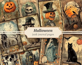 Halloween Junk Journal Pages, Digital Scrapbook Paper Kit, Spooky Gothic Printable, Vintage Ephemera, Pumpkin Collage Sheet, Grimoire BOS