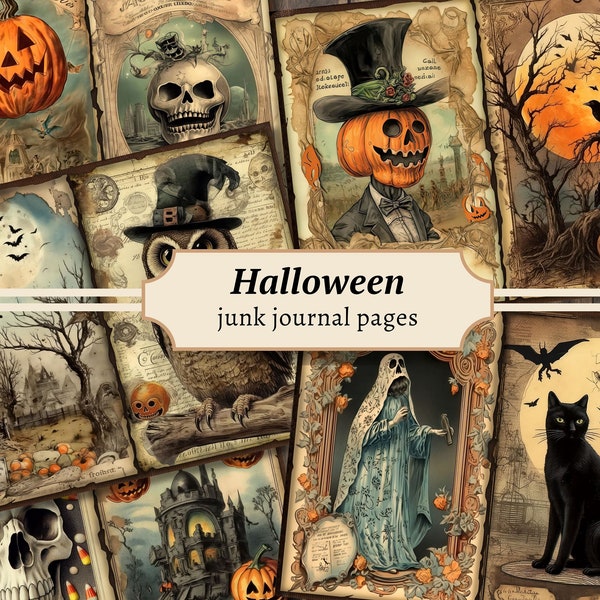 Halloween Junk Journal Pages, Digital Scrapbook Paper Kit, Spooky Gothic Printable, Vintage Ephemera, Pumpkin Collage Sheet, Grimoire BOS