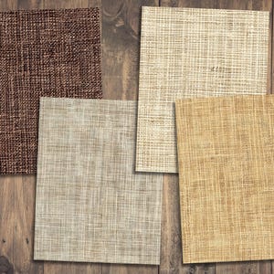 May include: Four different samples of burlap fabric in various shades of brown, beige, and cream. The fabric has a woven texture.