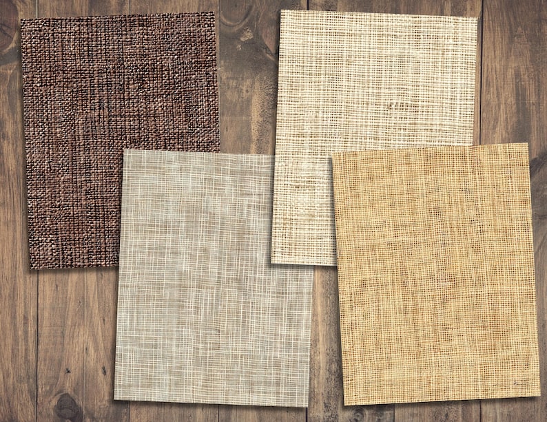 May include: Four different samples of burlap fabric in various shades of brown, beige, and cream. The fabric has a woven texture.