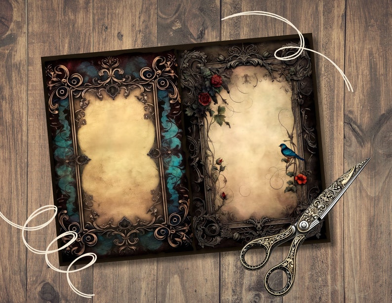 May include: Two ornate frames with a vintage, aged paper background. The frames are decorated with gold and blue accents. One frame features a blue bird and red flowers, while the other has a more abstract design.
