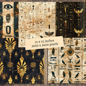 May include: A set of four digital paper designs featuring Egyptian motifs in gold and black. The designs include hieroglyphs, scarabs, eyes of Horus, and other symbols. The papers are 12 inches by 12 inches and 3600 pixels by 3600 pixels.