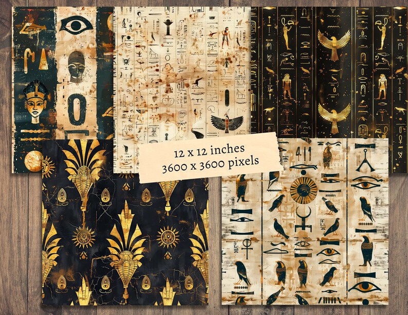 May include: A set of four digital paper designs featuring Egyptian motifs in gold and black. The designs include hieroglyphs, scarabs, eyes of Horus, and other symbols. The papers are 12 inches by 12 inches and 3600 pixels by 3600 pixels.