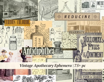 May include: A vintage collage of apothecary ephemera, including illustrations of bottles, pills, and medical supplies. The text includes "Antidiphther Serum", "Ferrous Chloride", "Holloway's Pills & Ointment", and "Reducine".