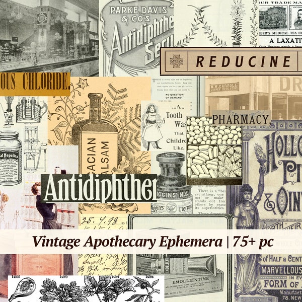 Vintage Apothecary Ephemera | 75+ pc | printable medicine labels | old antique paper digikit | witchy junk journal | digital collage sheet