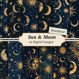 Papéis digitais sem costura Sun & Moon, kit de fundo de álbum de recortes, impressão celestial, padrões de estrelas de astronomia, download de páginas de diário vintage