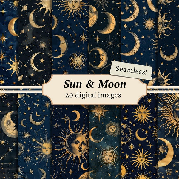 Sun & Moon Seamless Digital Papers, Scrapbook Background Kit, Celestial Printable, Astronomy Star Patterns, Vintage Journal Pages Download