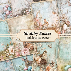 Pagine di diario di Pasqua Shabby Junk, kit di carta per album di ritagli digitali, stampabile coniglietto acquerello, foglio di collage floreale, download di primavera vintage