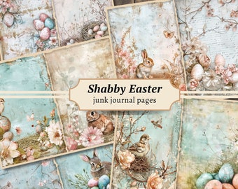 Shabby Easter Junk Journal Pages, Digital Scrapbook Paper Kit, Watercolor Bunny Printable, Floral Collage Sheet, Vintage Spring Download