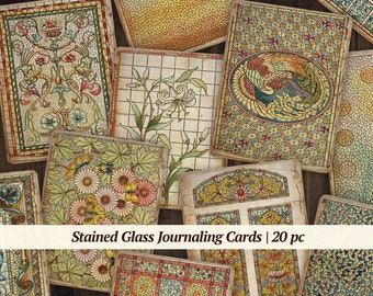 Stained Glass Journaling Cards | 20 pc | digital vintage junk journal ephemera, printable mosaic scrapbook embellishments, old paper collage