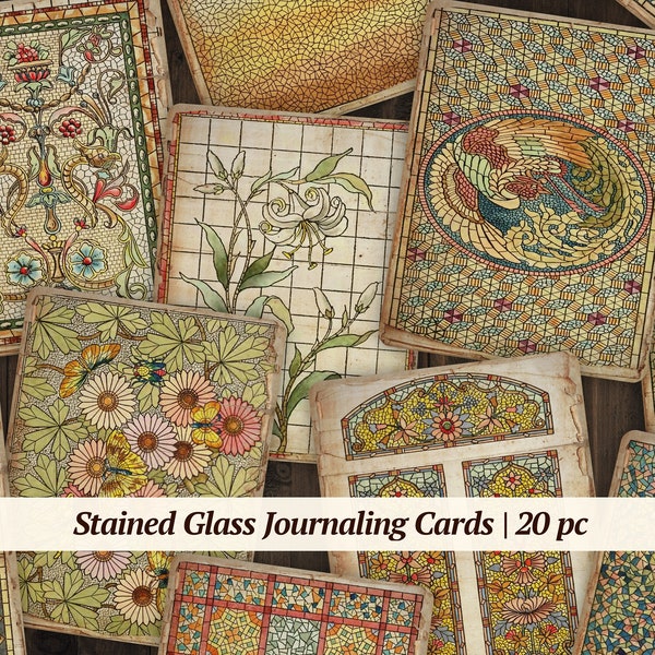 Cartes de journalisation en vitrail | 20 pièces | Éphémères numériques de journal indésirable vintage, embellissements imprimables de scrapbooking en mosaïque, vieux collage de papier