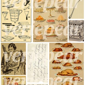 May include: A vintage cookbook with a red, white, and blue cover featuring the text "Smiley's Cook Book and Universal". The book is open to a page with a recipe for Orange Custard. The image also includes a collection of vintage illustrations of kitchen tools, desserts, and poultry.