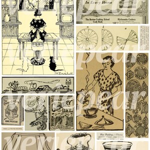 May include: A vintage collage of images related to cooking and homemaking. The collage includes illustrations of a woman cooking, a kitchen scene, a cookbook cover, a grocery list, a tea kettle, and a rice pudding recipe. The text in the image reads "Seven Cook Books That Should Be In Every Home", "The Boston Cooking School Cook Book", "Kitchenette Cookery", "The Century Cook Book and Home Physician", "Tried and Proven Recipes", and "Rice Pudding - Three spoons sugar, one quart milk and slice to suit yourselves."