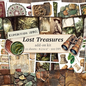 Lost Treasures Add On Junk Journal Kit, digitaal plakboek, afdrukbaar Jungle Island, Victoriaanse pagina's, vintage archeologie, kortstondig blad