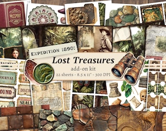 May include: A collage of vintage-style ephemera with a travel theme. Includes a passport, journal, and various decorative elements. The words "Lost Treasures" and "Expedition 1890" are visible. The add-on kit contains 22 sheets, 8.5 x 11 inches, 300 DPI.