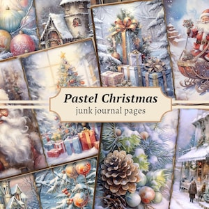 Pastel kerstmis ongewenste dagboekpagina's, digitale plakboekkit, vakantie afdrukbaar, collageblad feestelijke kerstman, vintage winterse ephemera