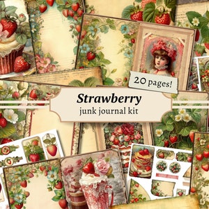Kit de diario basura de fresa, papel digital para álbum de recortes, hoja de collage imprimible, efímeras de frutas botánicas, etiquetas vintage, bolsillos, sellos, ATC