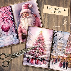 K&ouml;nnte beinhalten: Drei Aquarelle, die eine winterliche Wunderlandschaft darstellen. Das erste Bild zeigt einen rosa Weihnachtsbaumschmuck, der an einem Ast in einer verschneiten Stadt h&auml;ngt. Das zweite Bild zeigt den Weihnachtsmann in einem rosa Anzug und Hut. Das dritte Bild zeigt einen rosa Weihnachtsbaum mit Geschenken darunter in einer verschneiten Stadt.