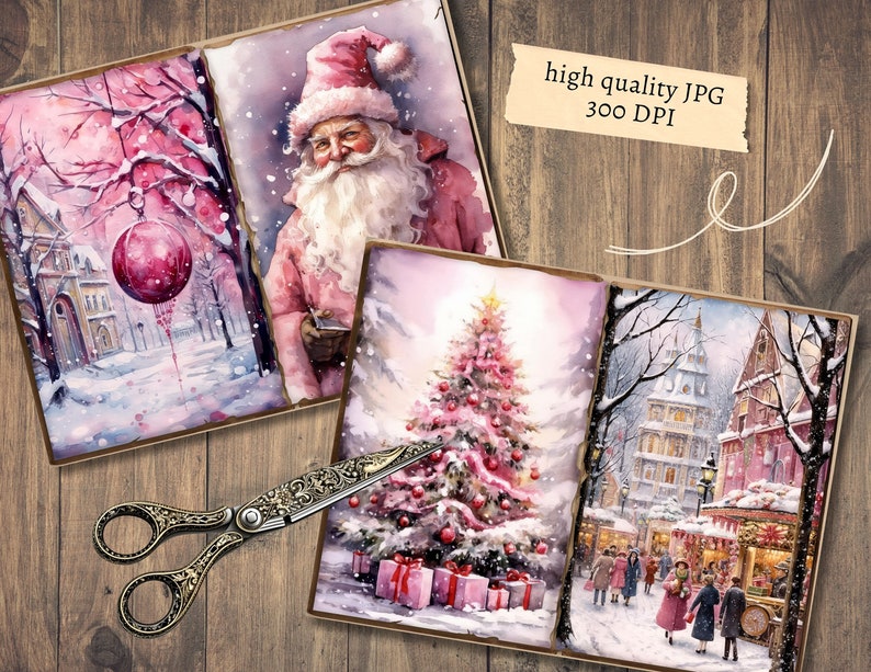 K&ouml;nnte beinhalten: Drei Aquarelle, die eine winterliche Wunderlandschaft darstellen. Das erste Bild zeigt einen rosa Weihnachtsbaumschmuck, der an einem Ast in einer verschneiten Stadt h&auml;ngt. Das zweite Bild zeigt den Weihnachtsmann in einem rosa Anzug und Hut. Das dritte Bild zeigt einen rosa Weihnachtsbaum mit Geschenken darunter in einer verschneiten Stadt.