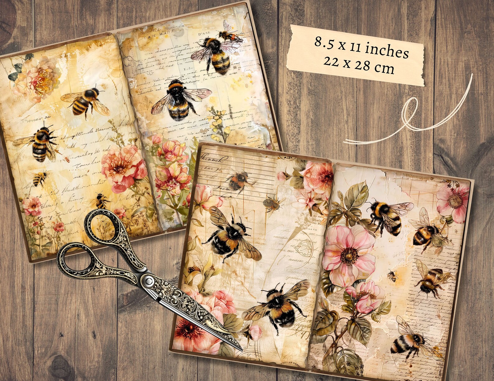 Floral Bees Junk Journal Pages, Digital Scrapbook Paper, Honey Bee ...