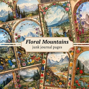 Páginas de diario basura con montañas florales, kit de papel para álbum de recortes digital, hojas de collage vintage para imprimir sobre la naturaleza, paisaje forestal de parques nacionales