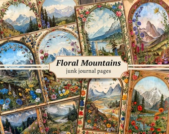 Floral Mountains Junk Journal Pages, Digital Scrapbook Paper Kit, Nature Printable, Vintage Collage Sheet, National Park Forest Landscape