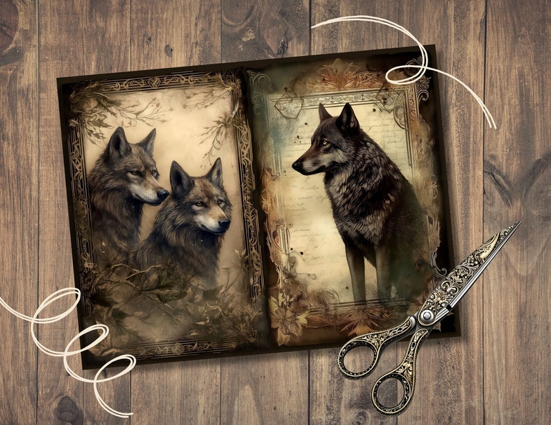K&ouml;nnte beinhalten: Zwei Vintage-Illustrationen von W&ouml;lfen. Das erste Bild zeigt zwei W&ouml;lfe in einer Waldlandschaft. Das zweite Bild zeigt einen einzelnen Wolf, der in einer formelleren Umgebung steht.