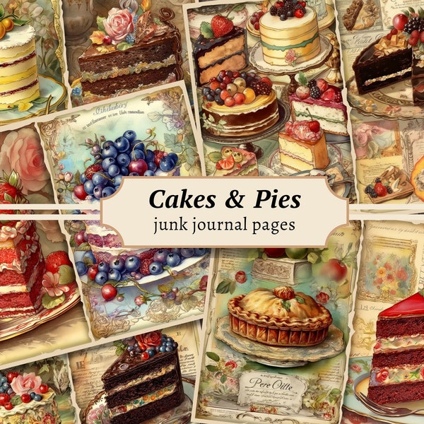 Cakes & Pies Junk Journal Pages, Digital Scrapbook Paper Kit, Baking Printable, Sweet Treats Collage Sheet, Dessert Cooking, Vintage Kitchen