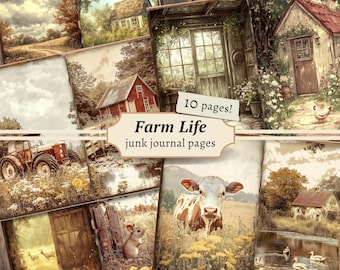 May include: A collage of 10 vintage-style images featuring farm life scenes. The images include a red barn, a cow in a field, a tractor, a farmhouse, a wooden door, and a chicken. The text "Farm Life junk journal pages" is displayed in the center of the collage.