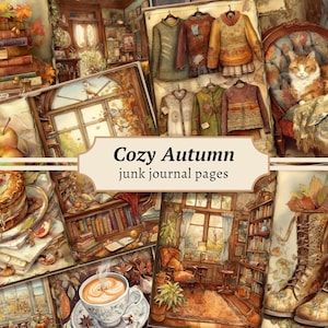 Páginas de diario acogedoras para otoño, kit de álbum de recortes digital de otoño, papel imprimible, hoja de collage, material efímero vintage, descarga de cabañas, manualidades de otoño