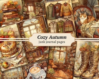 Puede incluir: Un collage de imágenes con un tema otoñal. Las imágenes incluyen una pila de libros, una ventana con hojas de otoño, una taza de café, un gato en una silla, botas y una estantería. El texto "Cozy Autumn junk journal pages" está en el centro del collage.