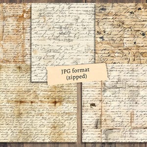 Op de afbeelding: Zes digitale papiertexturen met een vintage, handgeschreven script achtergrond met vervaagde inkt en bruine vlekken. De papieren zijn in JPG-formaat en worden samen gezipt.