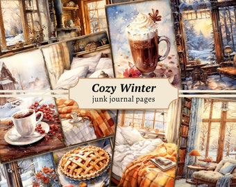 May include: A collage of watercolor illustrations with a cozy winter theme. Images include a hot chocolate, a pie, a cup of coffee, and a bed with an orange blanket. The text "Cozy Winter junk journal pages" is displayed in a banner.