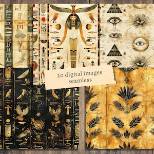 May include: A set of 20 digital seamless patterns featuring Egyptian motifs. The patterns include hieroglyphs, eyes of Horus, scarabs, and other symbols. The patterns are in gold, black, and white on a textured background.