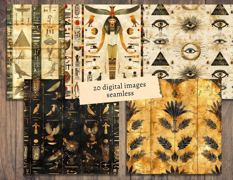 May include: A set of 20 digital seamless patterns featuring Egyptian motifs. The patterns include hieroglyphs, eyes of Horus, scarabs, and other symbols. The patterns are in gold, black, and white on a textured background.