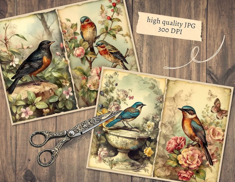 Vintage Bird Junk Journal Pages, Digital Floral Scrapbook Paper Kit ...