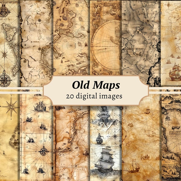 Old Maps Digital Papers, Vintage Junk Journal Pages, Scrapbook Background Kit, Antique World Map Printable, Aged Distressed Collage Sheet