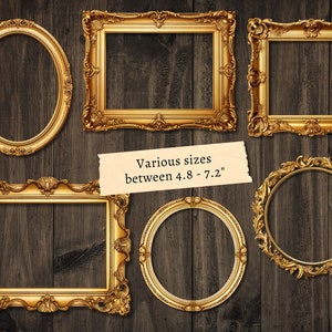 May include: Set of six ornate gold picture frames with various sizes between 4.8 and 7.2 inches. The frames have a distressed, antique look and are perfect for adding a touch of elegance to any home decor.