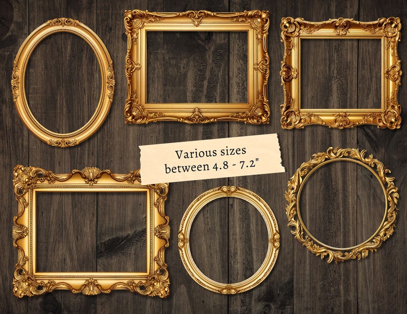 May include: Set of six ornate gold picture frames with various sizes between 4.8 and 7.2 inches. The frames have a distressed, antique look and are perfect for adding a touch of elegance to any home decor.