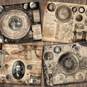 Puede incluir: Cuatro p&aacute;ginas de papel de estilo vintage con un collage de im&aacute;genes y texto. Las p&aacute;ginas presentan ilustraciones de cuerpos celestes, br&uacute;julas y mapas. El texto incluye palabras como "HNCCHICCO" y "DI HYTRINO DI HOTRE".
