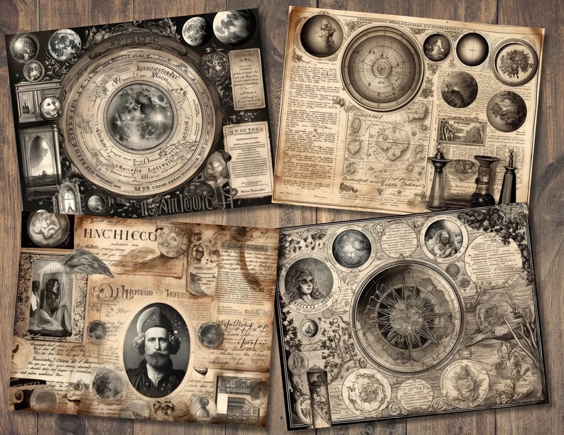 Puede incluir: Cuatro p&aacute;ginas de papel de estilo vintage con un collage de im&aacute;genes y texto. Las p&aacute;ginas presentan ilustraciones de cuerpos celestes, br&uacute;julas y mapas. El texto incluye palabras como "HNCCHICCO" y "DI HYTRINO DI HOTRE".
