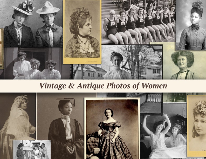 May include: A collage of vintage and antique photos of women. The photos show women in various poses and settings, including a group of women in swimsuits, a woman in a graduation gown, and a woman in a wedding dress. The photos are all in black and white and have a nostalgic feel.