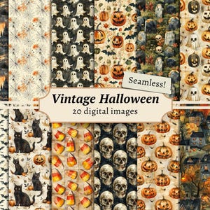 Vintage Halloween Digital Papers, Scrapbook Backgrounds, Spooky Printable, Halloween Seamless Patterns, Junk Journal Pages, Card Making Kit