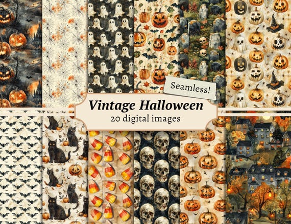 Vintage Halloween Digital Papers, Scrapbook Backgrounds, Spooky Printable, Halloween Seamless Patterns, Junk Journal Pages, Card Making Kit