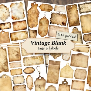 Étiquettes vierges vintage, embellissement imprimable pour journal indésirable, feuille de collage neutre, éphémères grunge en détresse, chutes antiques numérique