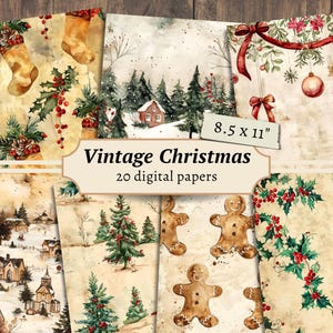 Papéis digitais vintage de Natal, kit de scrapbook, itens efêmeros de feriados para impressão, página de diário de lixo de Natal, criação de cartões festivos, plano de fundo de inverno