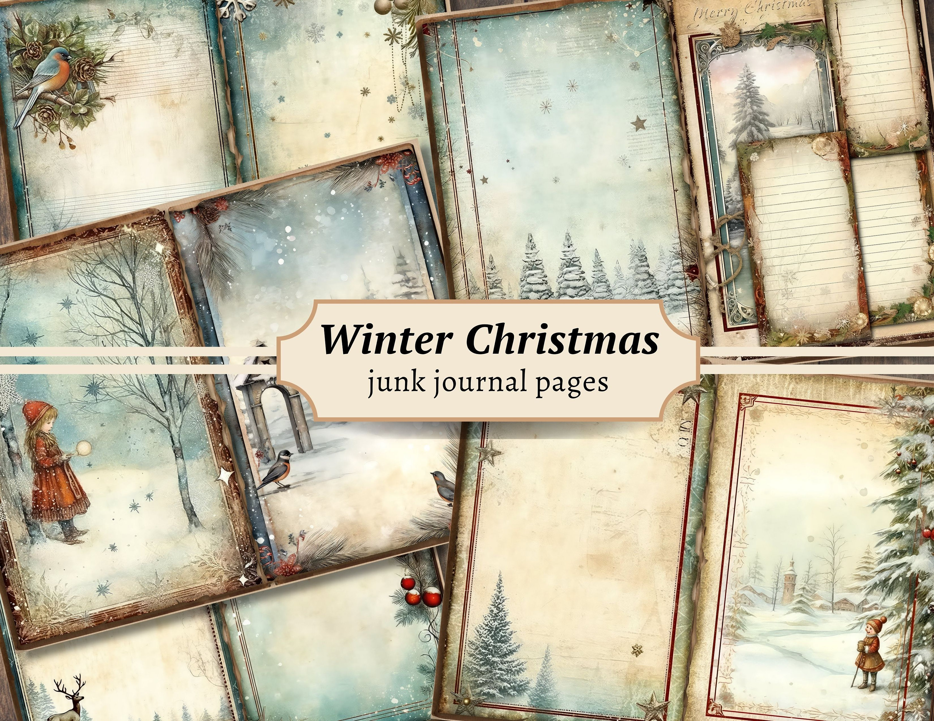 Winter Christmas Junk Journal Pages, Digital Scrapbook Paper Kit, Snowy Printable, Festive Collage Sheet, Vintage Ephemera, Holiday Download