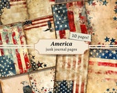 Patriotic America Junk Journal Pages, digital scrapbook paper, USA printable, 4th of July collage sheet, vintage ephemera, grunge download