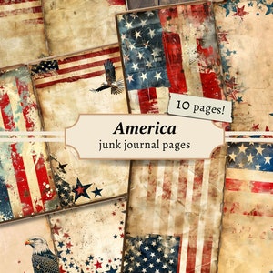 Patriotic America Junk Journal Pages, carta scrapbook digitale, USA stampabile, foglio collage 4 luglio, effimeri vintage, download grunge